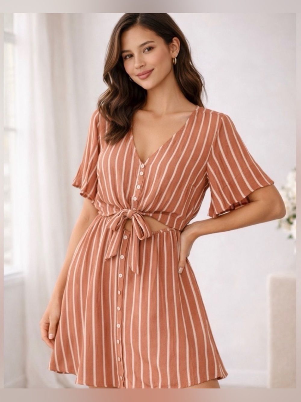 Abercrombie Striped Tie-Waist Short Sleeve Mini Dress in Dusty Rose